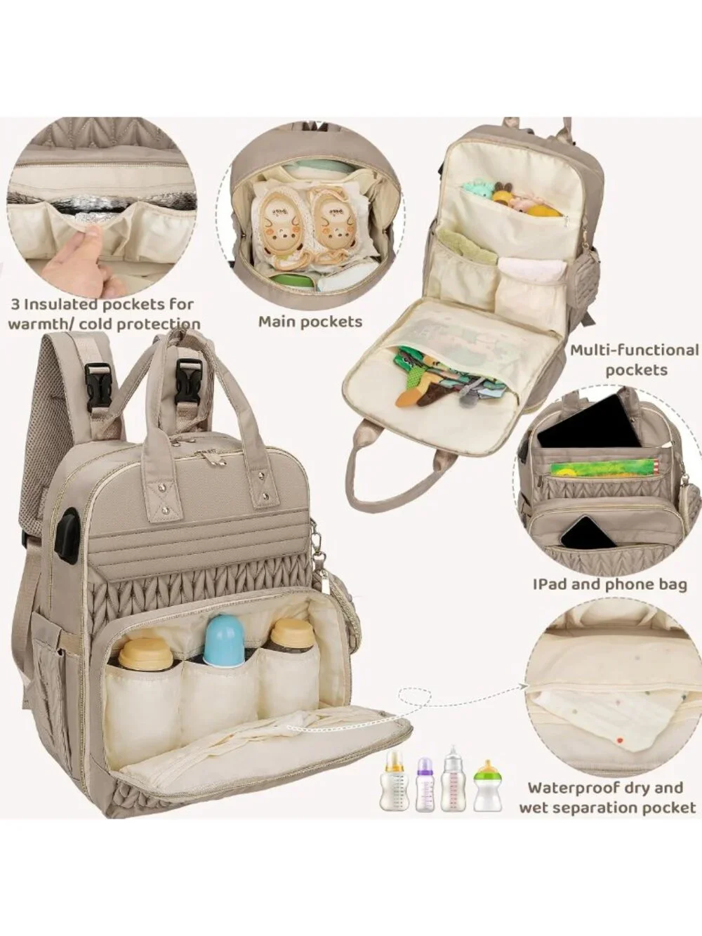 Stylish Waterproof Diaper Bag Backpack with Changing Pad, USB Port & Stroller